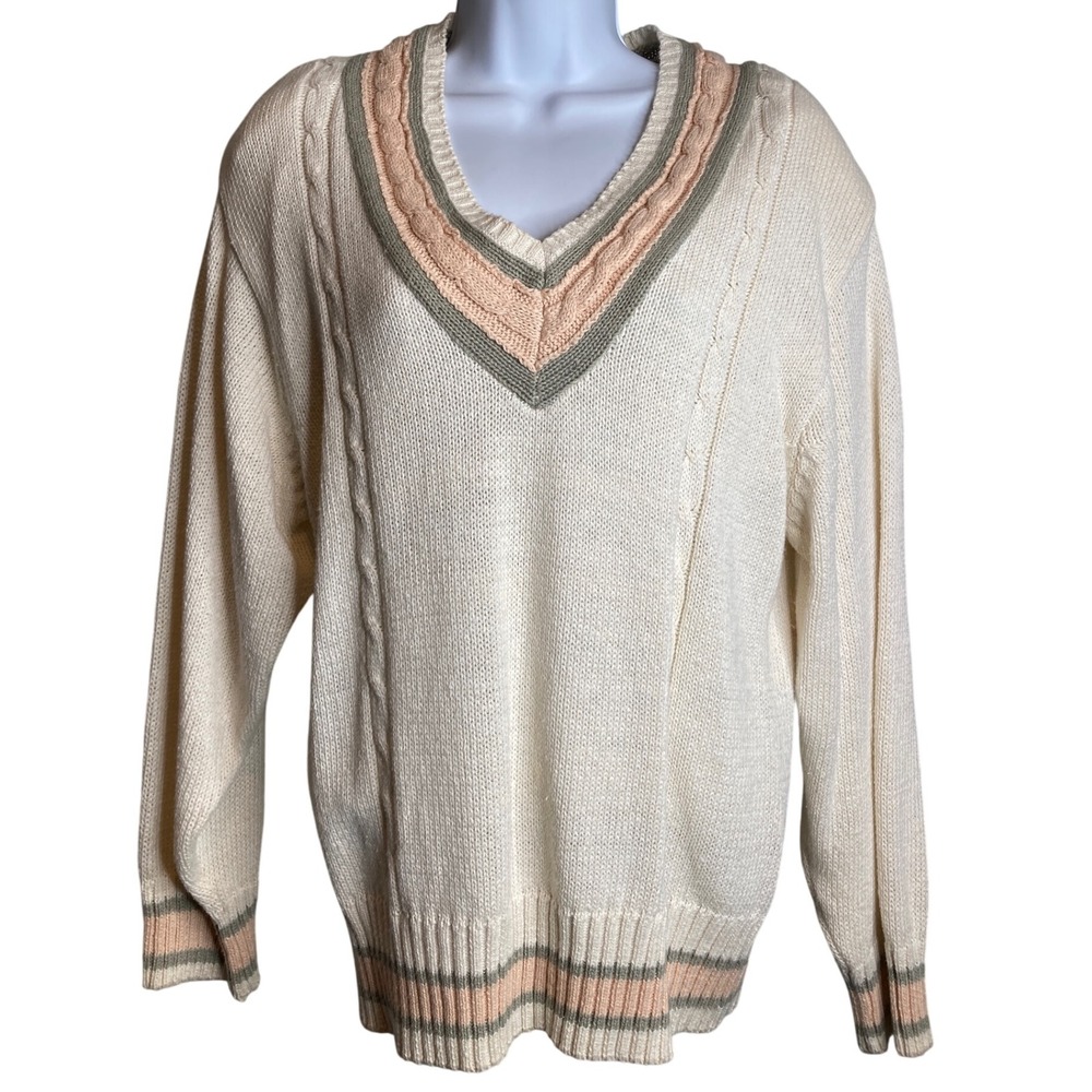 Vintage‎ Womens Cream Cable Knit Sweater Est Sz M V Neck Striped Trim Preppy